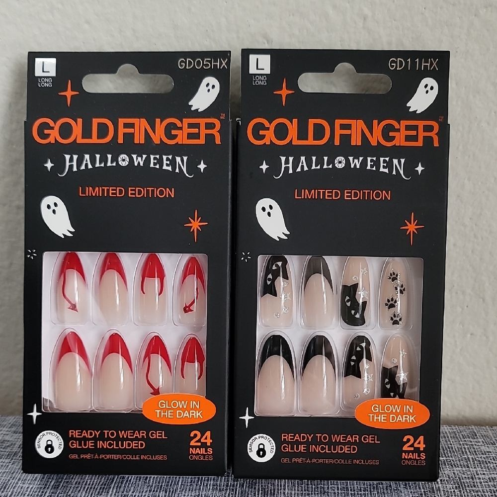 2 Goldfinger Halloween Glue On Nails Long Almond Cat Devil Black Red New